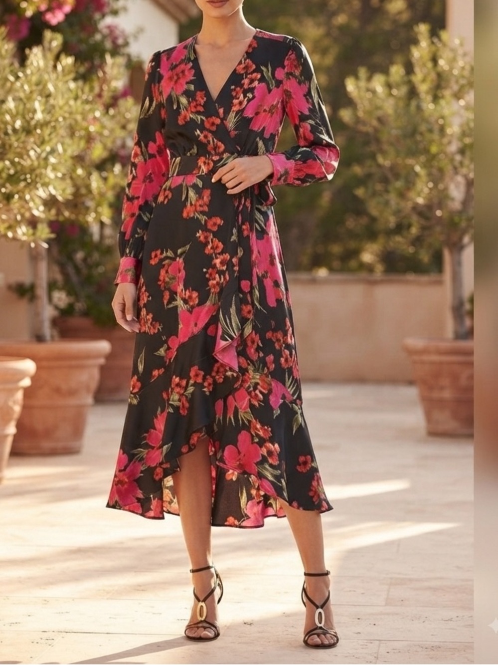 Sofia Vergara Black Floral Long Sleeve Wrap Midi Dress with Ruffle Hem❤️
